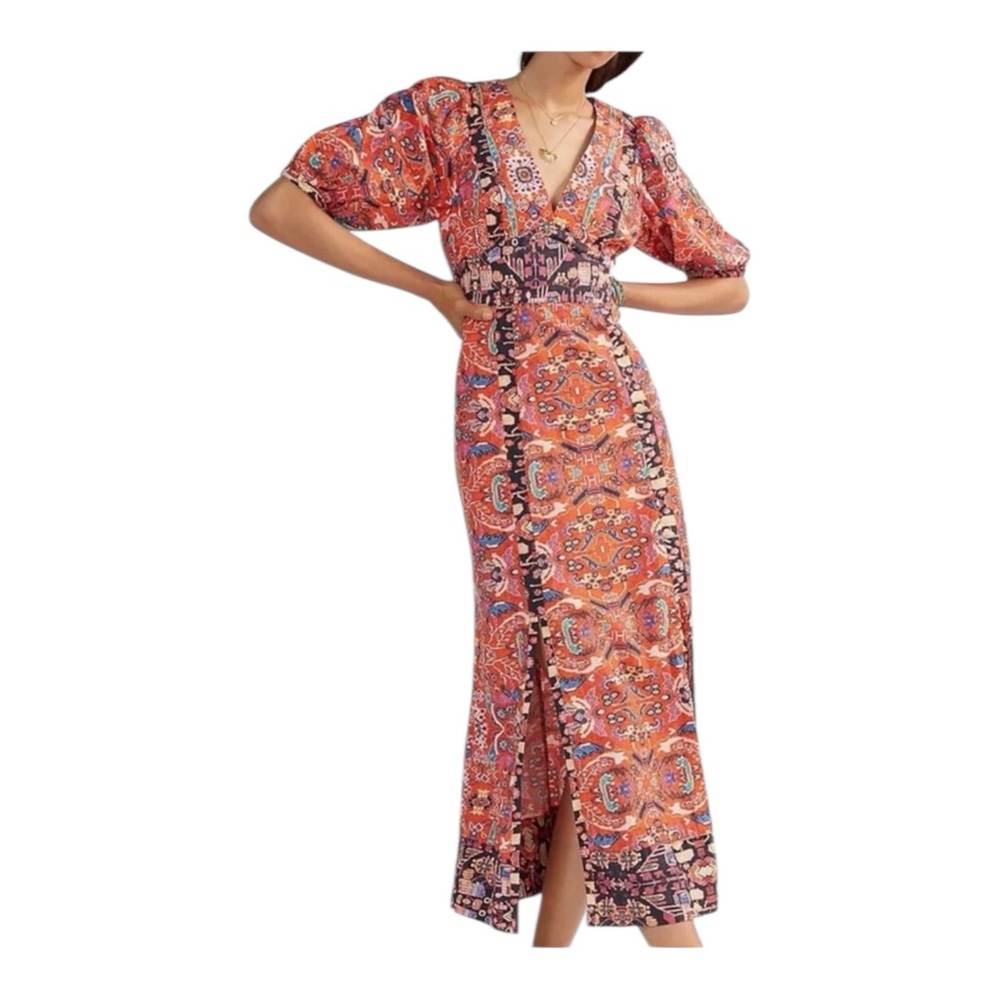 By Anthropologie Dress Maxi Boho Kaftan Vibrant Orange- Size 2